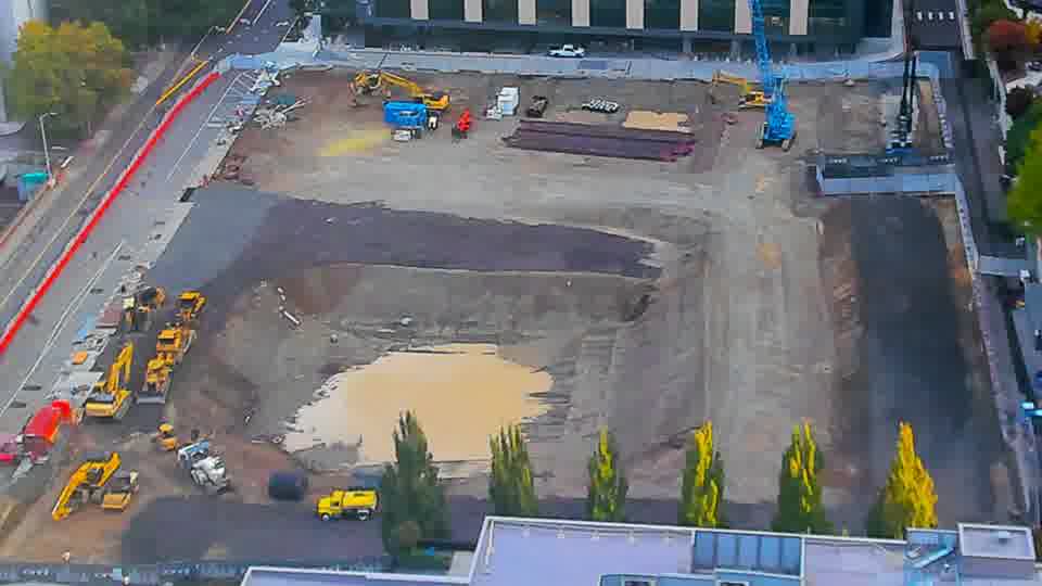 Construction camera frame at 7:30 AM PT. Frame saved. Automated comparison was skipped; activity has not been assessed.