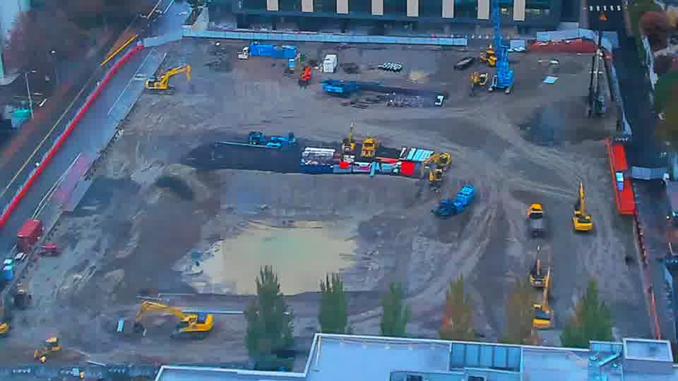 Construction camera frame at 8:45 AM PT. Frame saved. Automated comparison was skipped; activity has not been assessed.
