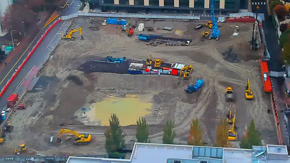 Construction camera frame at 10:45 AM PT. Frame saved. Automated comparison was skipped; activity has not been assessed.
