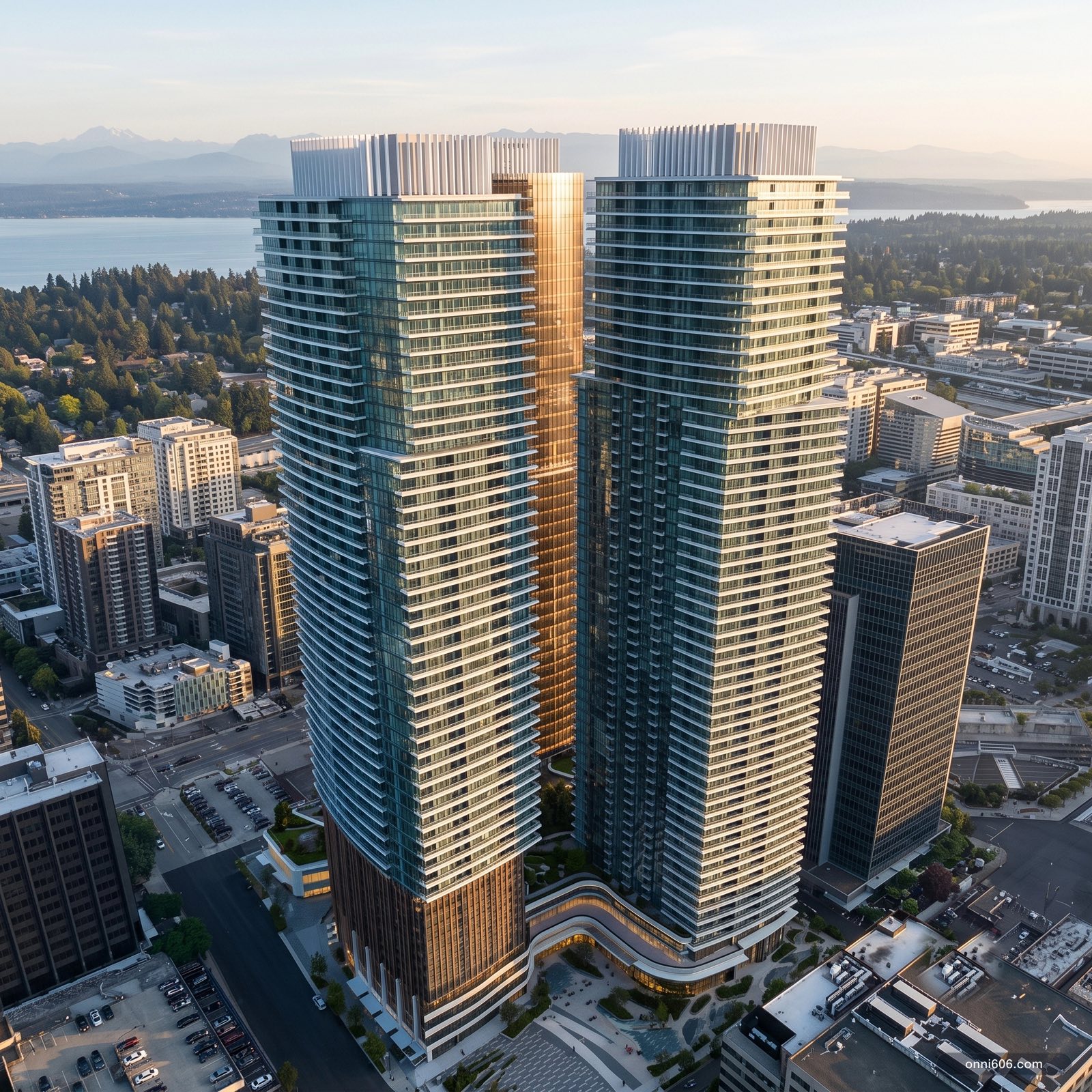 Illustrative aerial visualization of the proposed Onni 606 three-tower massing over downtown Bellevue at golden hour; not a photograph of the current site